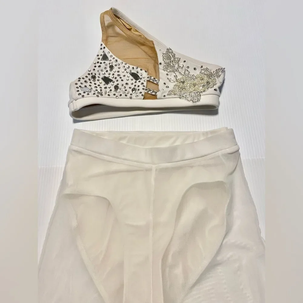 AA dance competition, contemporary costume 2 piece white wide leg XSA adult LC